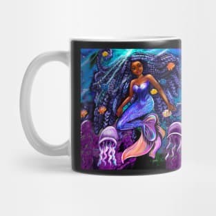 mermaid underwater with flowing shimmering blue black braids 2 fish and jelly fish  , brown eyes curly Afro hair and caramel brown skin Mug